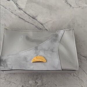 Christian Dior Gray canvas patent  shiny Fabric cosmetic bag case gold logo new